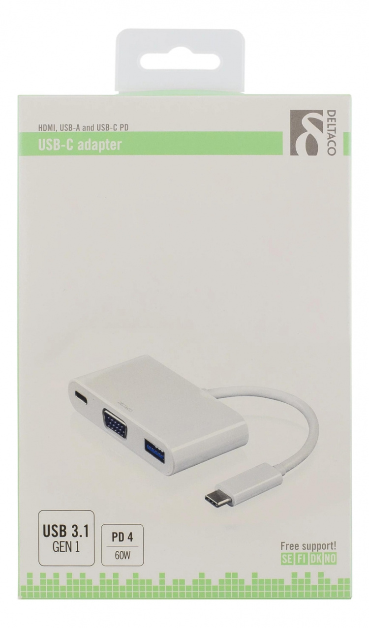 DELTACO USB-C til VGA- og USB Type A-adapter, USB-C ho, 60 W, hvit DELTACO USB-C til VGA- og USB Type A-adapter, USB-C ho, 60 W, hvit