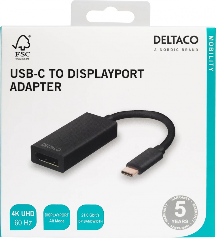 DELTACO USB 3.1 til DisplayPort adapter, USB type C - DP Ho , svart