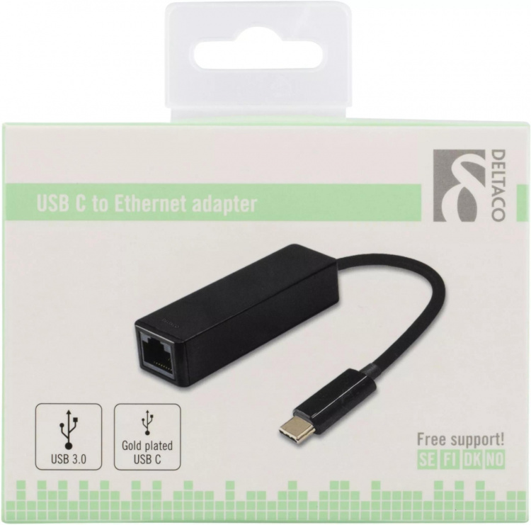 DELTACO USB 3.1 nettverksadapter, Gigabit, 1xRJ45, USB Type C, svart