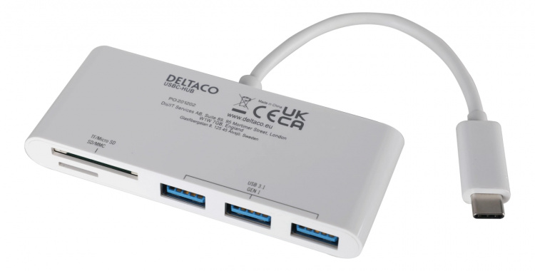 DELTACO USB 3.1 Gen 1-hub, USB-C, 3USB A, SD/microSD-leser, hvit