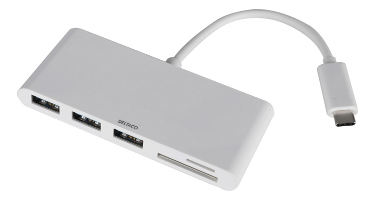 DELTACO USB 3.1 Gen 1-hub, USB-C, 3USB A, SD/microSD-leser, hvit