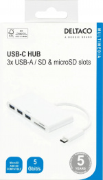 DELTACO USB 3.1 Gen 1-hub, USB-C, 3USB A, SD/microSD-leser, hvit