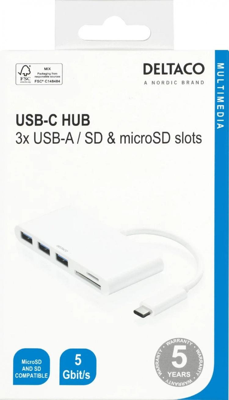 DELTACO USB 3.1 Gen 1-hub, USB-C, 3USB A, SD/microSD-leser, hvit