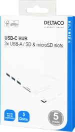 DELTACO USB 3.1 Gen 1-hub, USB-C, 3USB A, SD/microSD-leser, hvit