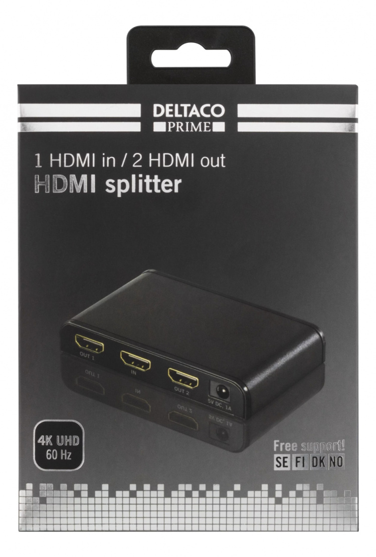 HDMI-splitter, 1 enhet til 2 skjermer, HDMI 2.0, 4K, UHD, svart