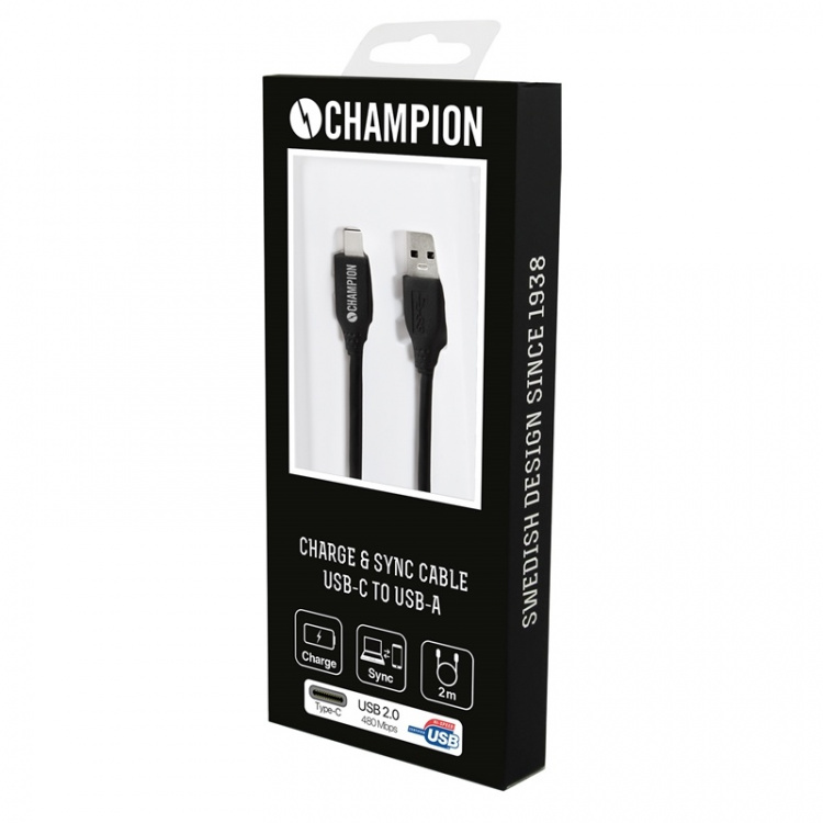 Champion USB-A til USB-C-kabel 2 m, svart