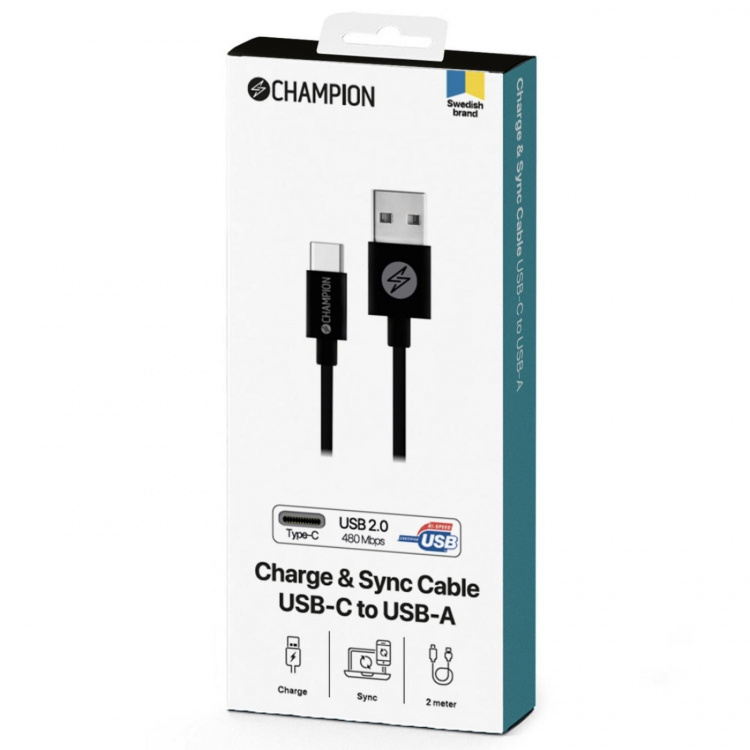 Champion USB-A til USB-C-kabel 2 m, svart