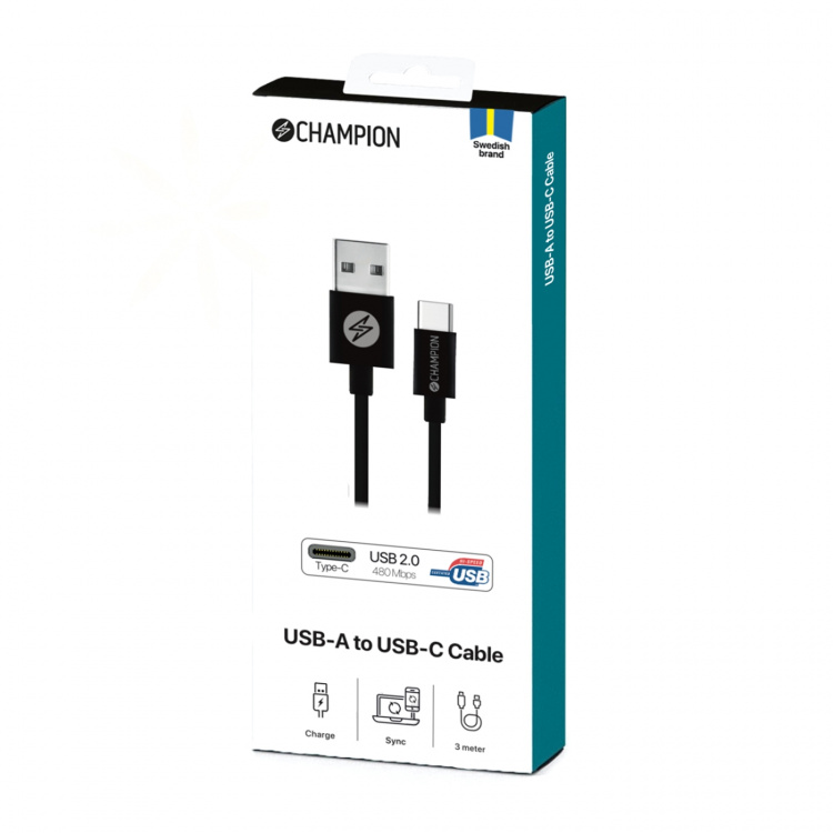 Champion USB-A til USB-C-kabel 3 m, svart Champion USB-A til USB-C-kabel 3 m, svart