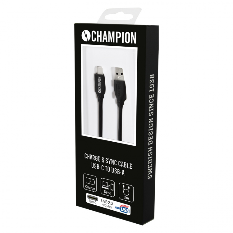 Champion USB-A til USB-C-kabel 3 m, svart Champion USB-A til USB-C-kabel 3 m, svart