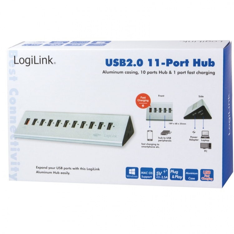 LogiLink USB 2.0-hub 10+1 hurtiglading