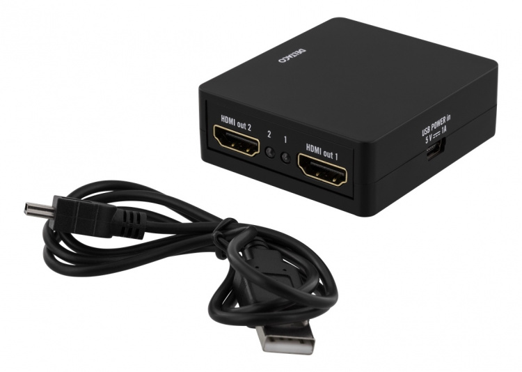DELTACO HDMI-splitter, 1x HDMI inn, 2x HDMI ut, 6,75 Gbit/s, svart
