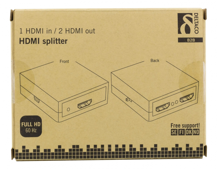 DELTACO HDMI-splitter, 1x HDMI inn, 2x HDMI ut, 6,75 Gbit/s, svart