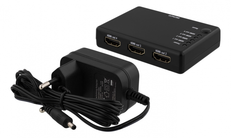 DELTACO HDMI-splitter, 1x HDMI inn, 4x HDMI ut, 6,75 Gbit/s, svart