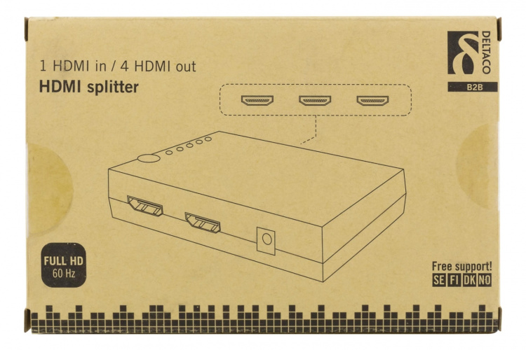DELTACO HDMI-splitter, 1x HDMI inn, 4x HDMI ut, 6,75 Gbit/s, svart
