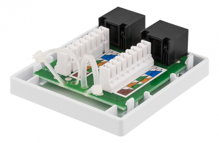 DELTACO uskjermet vegguttak, utenpåliggende UTP 2xRJ45, Cat6, hvit DELTACO uskjermet vegguttak, utenpåliggende UTP 2xRJ45, Cat6, hvit