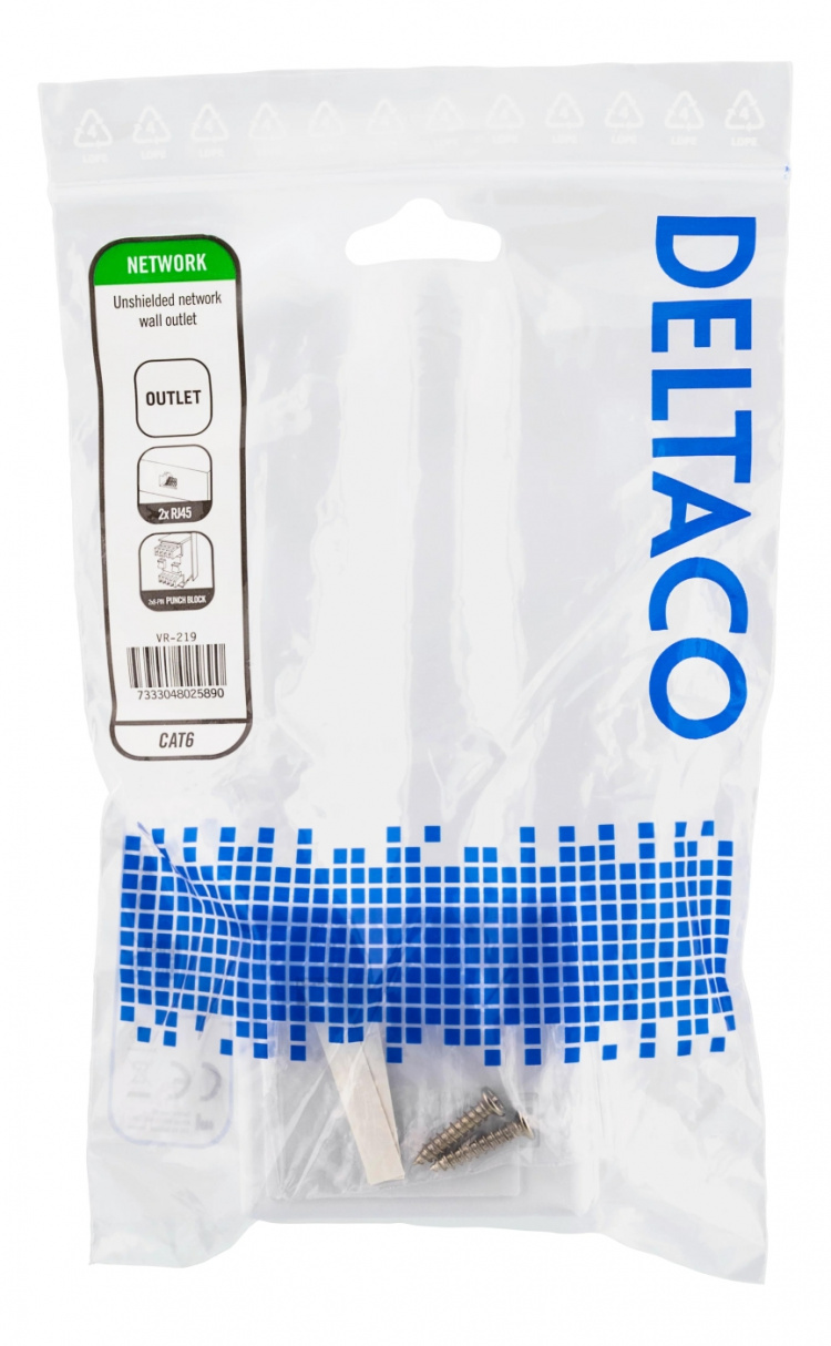 DELTACO uskjermet vegguttak, utenpåliggende UTP 2xRJ45, Cat6, hvit DELTACO uskjermet vegguttak, utenpåliggende UTP 2xRJ45, Cat6, hvit