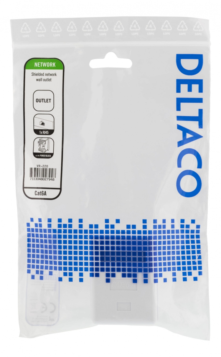 DELTACO skjermet vegguttak, utenpåliggende FTP 1xRJ45, Cat6A, hvit