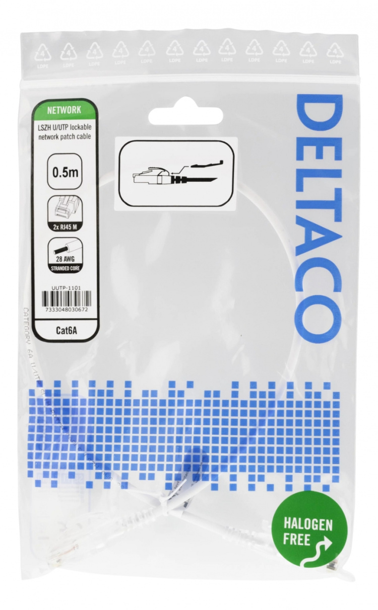 DELTACO U/UTP Cat6A-koblingskabel, 0,5 m, 500 MHz, låsbare kontakter, hvit DELTACO U/UTP Cat6A-koblingskabel, 0,5 m, 500 MHz, låsbare kontakter, hvit
