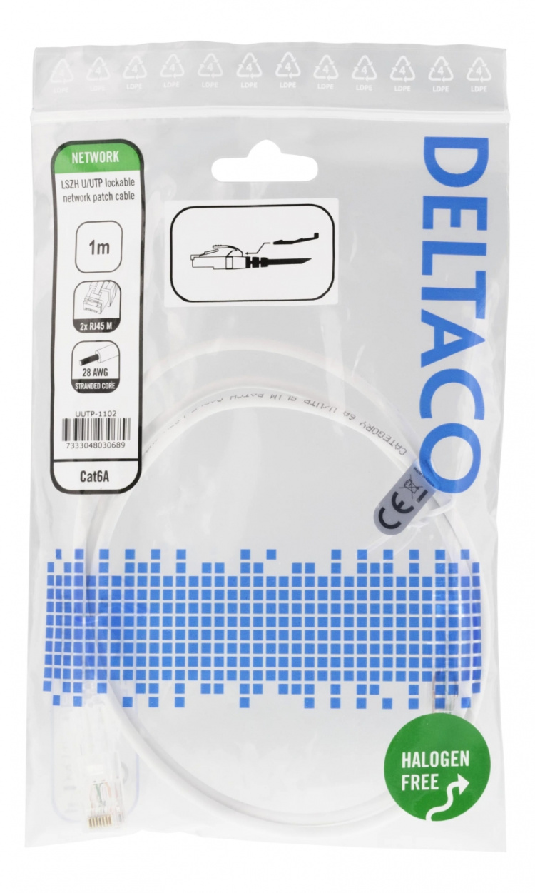 DELTACO U/UTP Cat6A-koblingskabel, 1 m, 500 MHz, låsbare kontakter, hvit