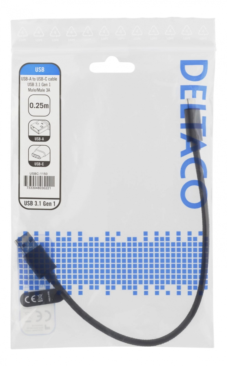 DELTACO USB 3.1 Gen1 USB-C til USB-A kabel med stoffbelegg, 0,25 m, 60 W 3A, svart