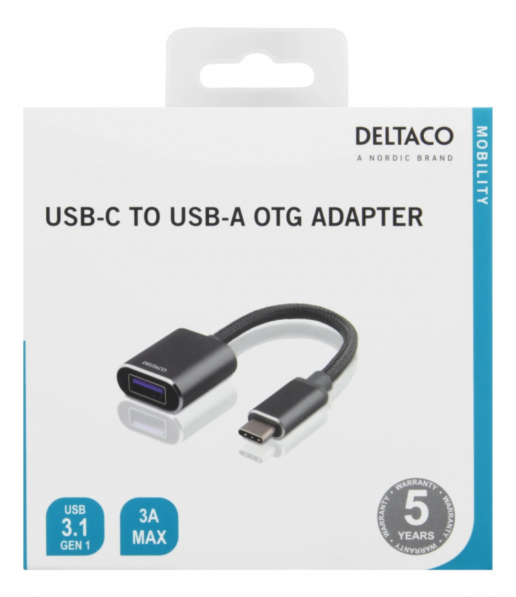 DELTACO USB-C 3.1 til USB-A OTG-adapter, aluminium, salgseske, grå