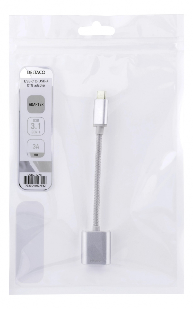 DELTACO USB-C 3.1 Gen 1 til USB-A OTG-adapter, aluminium, hvit pose, sølv DELTACO USB-C 3.1 Gen 1 til USB-A OTG-adapter, aluminium, hvit pose, sølv