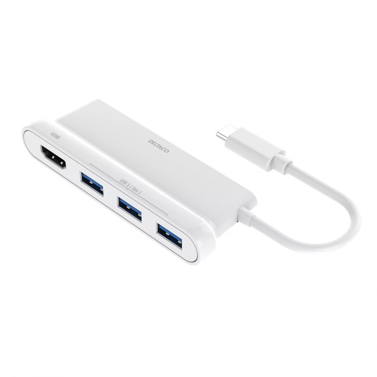 DELTACO USB-C-hub, 1x HDMI 4K ved 30 Hz, 3x USB-A 3.1, hvit