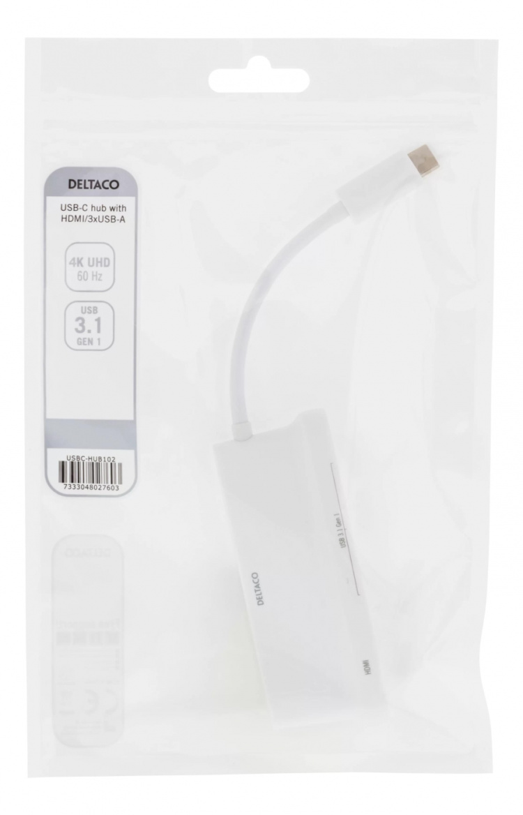 DELTACO USB-C-hub, 1x HDMI 4K ved 30 Hz, 3x USB-A 3.1, hvit