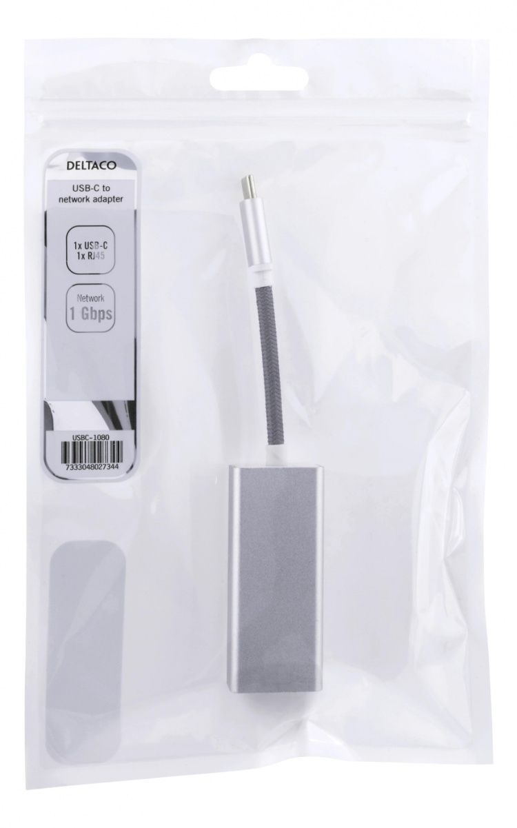 DELTACO USB-C-nettverksadapter, Gigabit, RJ45, hvit pose, sølv DELTACO USB-C-nettverksadapter, Gigabit, RJ45, hvit pose, sølv