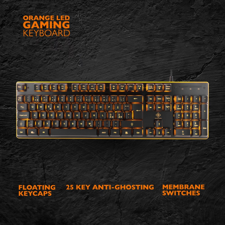 DELTACO GAMING tastatur med membranbryter, nordisk layout, oransje belysning