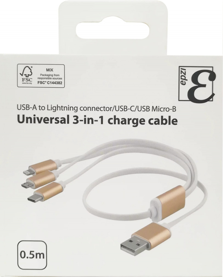 EPZI Multi-lader, USB-C, Lightning, Micro USB, USB-A, 50 cm, hvit EPZI Multi-lader, USB-C, Lightning, Micro USB, USB-A, 50 cm, hvit