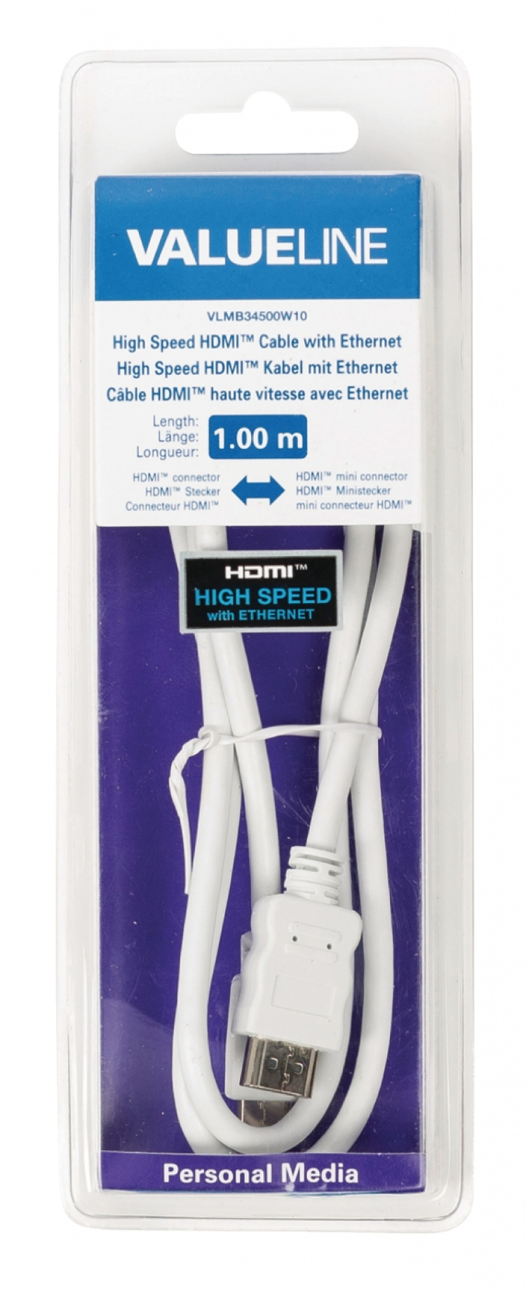Valueline High Speed HDMI-Kabel med Ethernet HDMI Kontakt - HDMI Mini Han 1.00 m Hvit