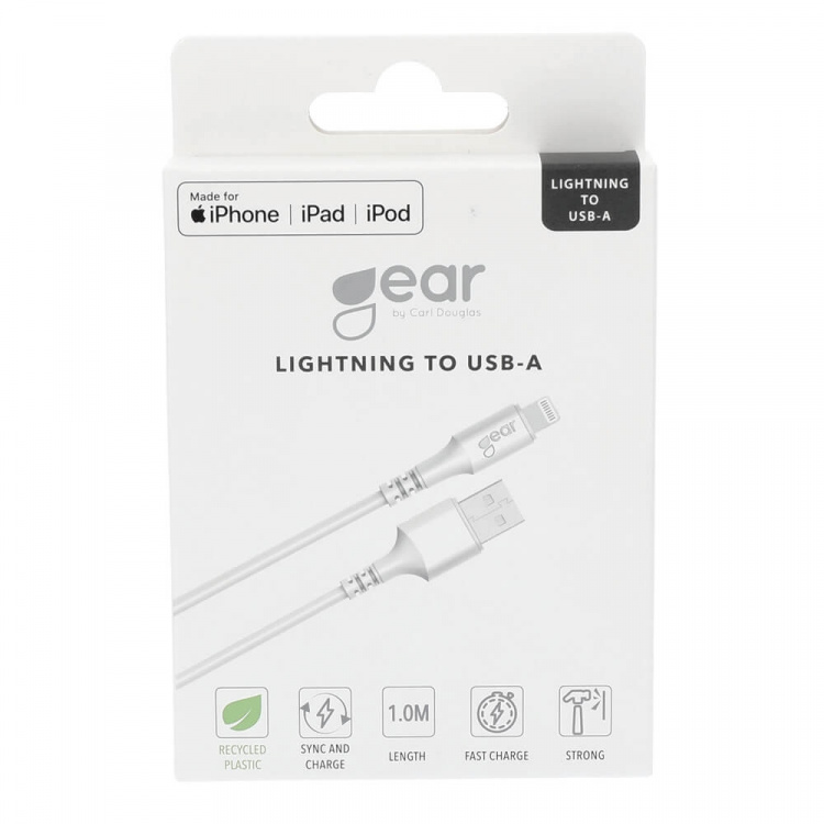 Gear Rund ladekabel Lightning til USB-A 1m Hvit MFI