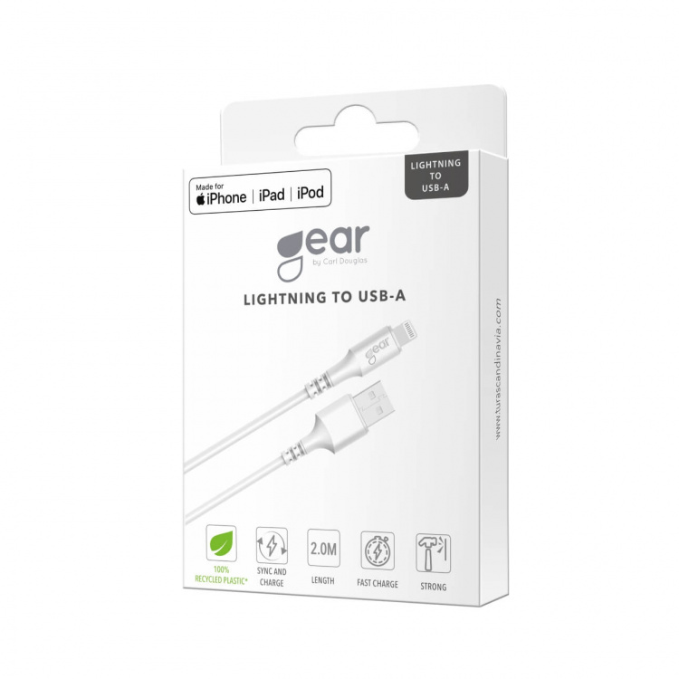 Gear Rund ladekabel Lightning til USB-A 2m Hvit MFI