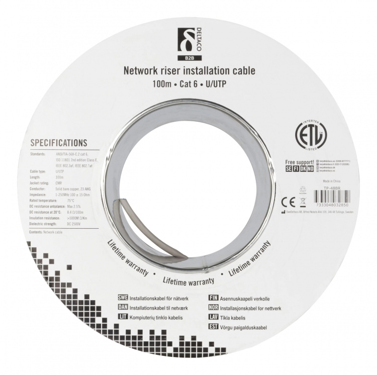 DELTACO U/UTP Cat6 Riser-installasjonskabel, 100 m trommel, 250 MHz, Delta DELTACO U/UTP Cat6 Riser-installasjonskabel, 100 m trommel, 250 MHz, Delta