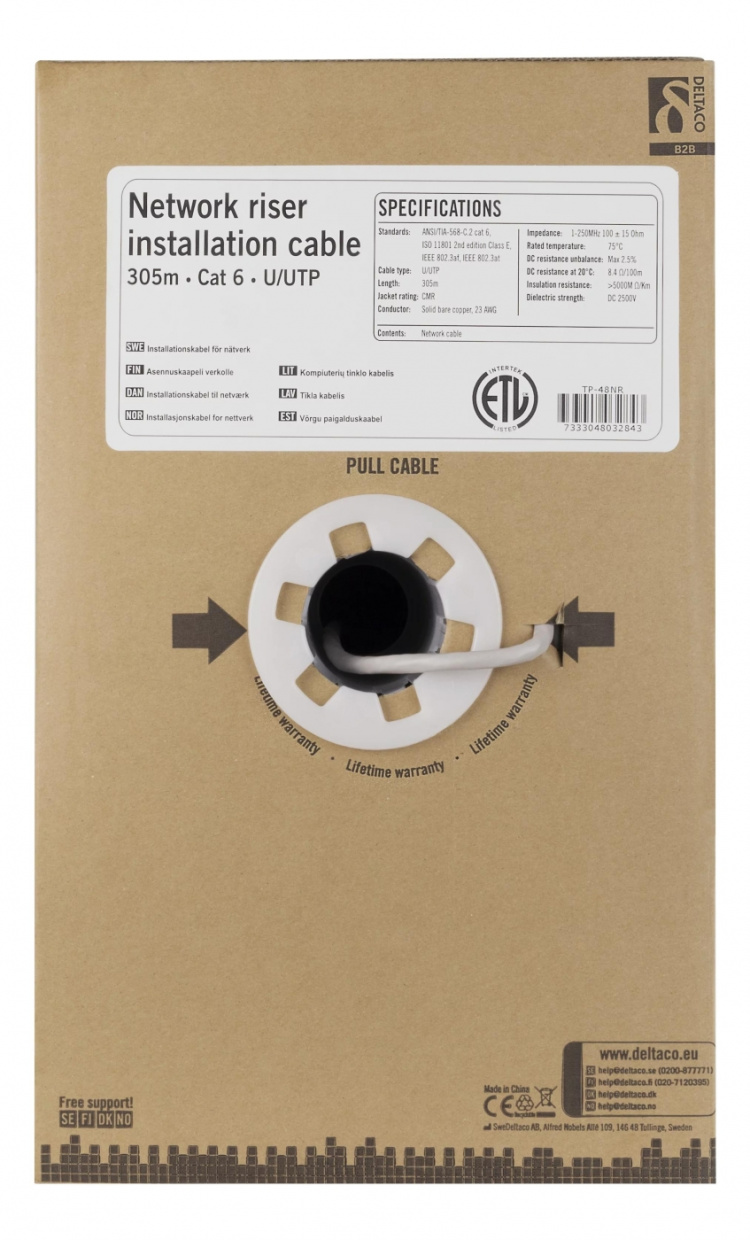 DELTACO U/UTP Cat6 stigerørsinstallasjonskabel, 305m boks, 250MHz, Delta-c DELTACO U/UTP Cat6 stigerørsinstallasjonskabel, 305m boks, 250MHz, Delta-c