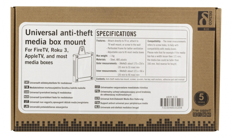 DELTACO Universal tyverisikringsbrakett for mediebokser, monteringssett, s