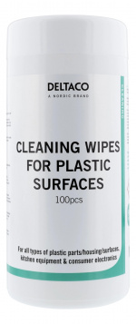 DELTACO våtservietter for plastoverflater, 100 våtservietter, alkoholfrie, hvite