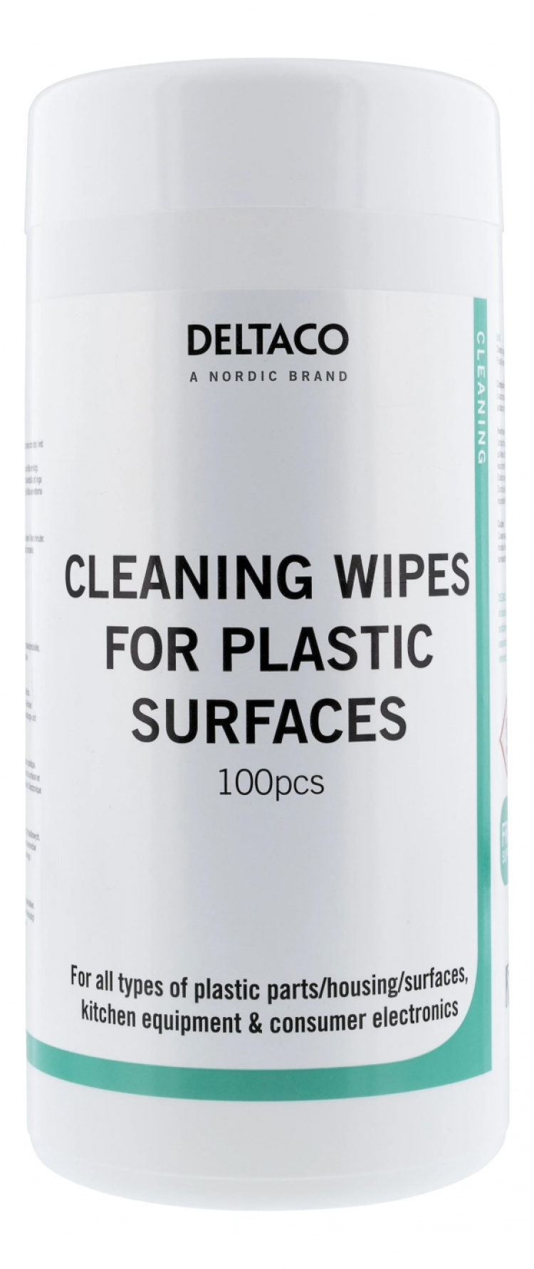 DELTACO våtservietter for plastoverflater, 100 våtservietter, alkoholfrie, hvite