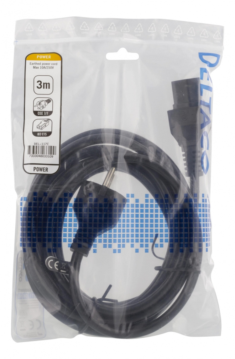 DELTACO apparatkabel IEC 60320 C15 - CEE 7/7, 3m, svart DELTACO apparatkabel IEC 60320 C15 - CEE 7/7, 3m, svart