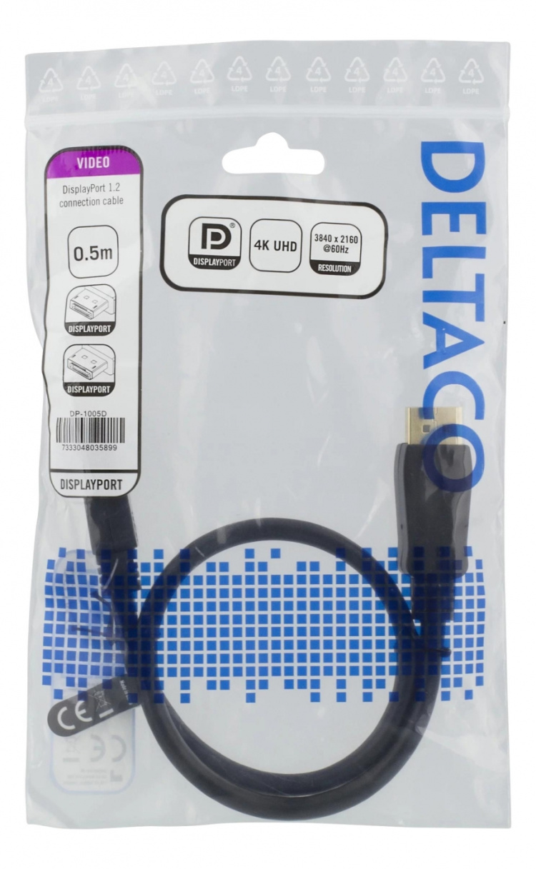 DELTACO DisplayPort-kabel, 0,5 m, 4K UHD, DP 1.2, svart