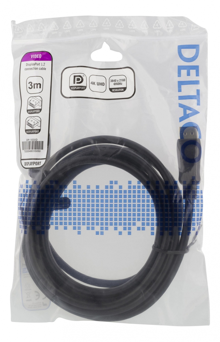 DELTACO DisplayPort-kabel, 3 m, 4K UHD, DP 1.2, svart DELTACO DisplayPort-kabel, 3 m, 4K UHD, DP 1.2, svart