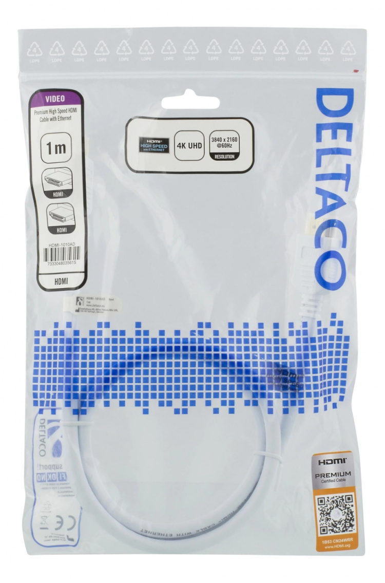 DELTACO Høyhastighets Premium HDMI-kabel, 1 m, Ethernet, 4K UHD, hvit