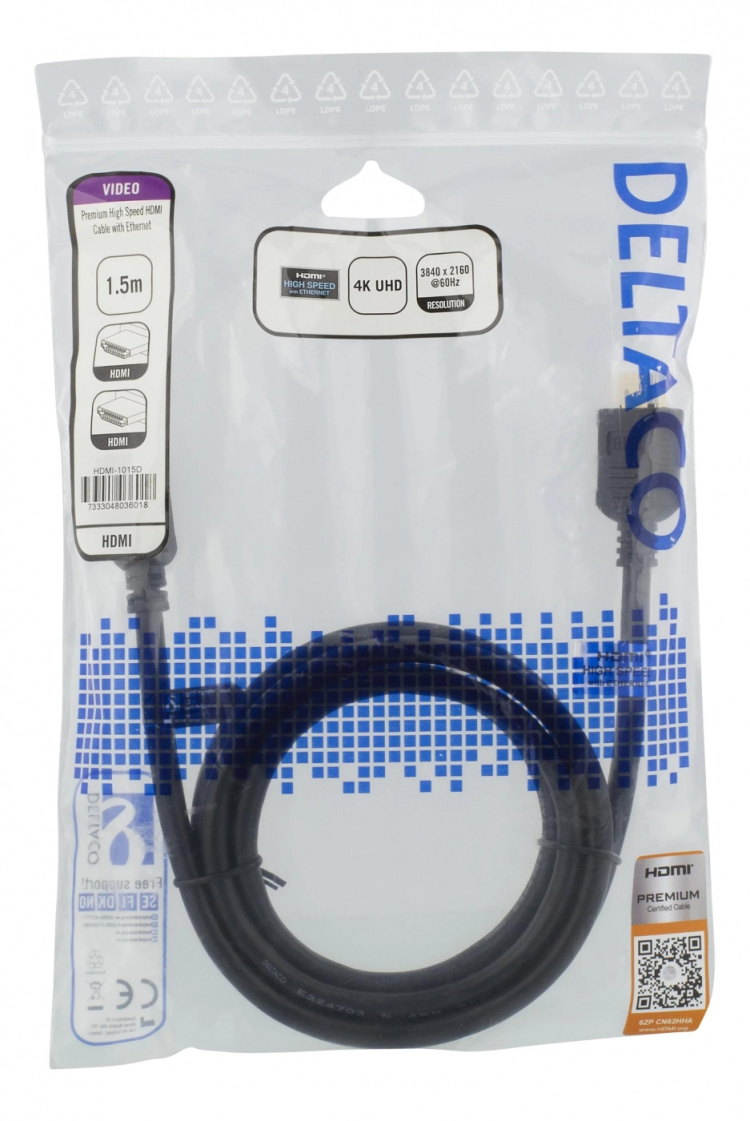 DELTACO Høyhastighets Premium HDMI-kabel, 1,5 m, Ethernet, 4K UHD, svart