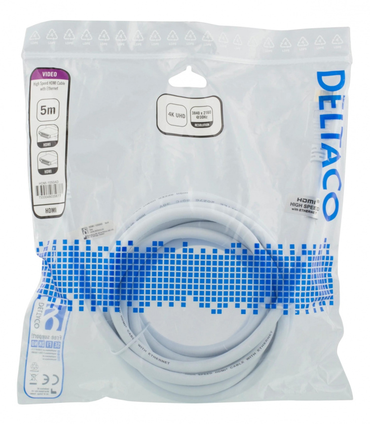 DELTACO Høyhastighets HDMI-kabel, 5 m, Ethernet, 4K UHD, hvit