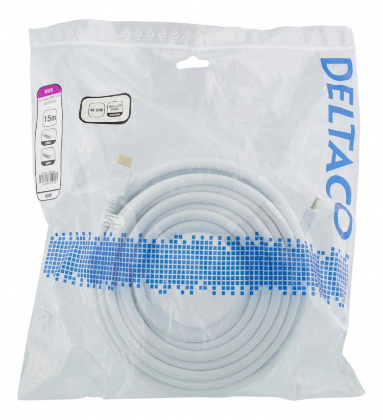 DELTACO Høyhastighets HDMI-kabel, 15 m, Ethernet, 4K UHD, hvit