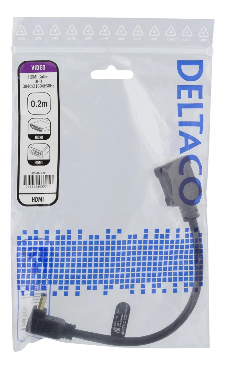 DELTACO Fleksibel HDMI-adapter, 0,2 m, vinklet ned, HDMI M/F, UHD, svart