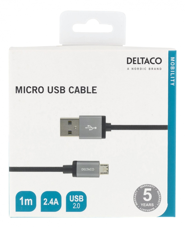 DELTACO USB-kabel, tøykledd, type A ha - type Micro B, 1 m, svart DELTACO USB-kabel, tøykledd, type A ha - type Micro B, 1 m, svart
