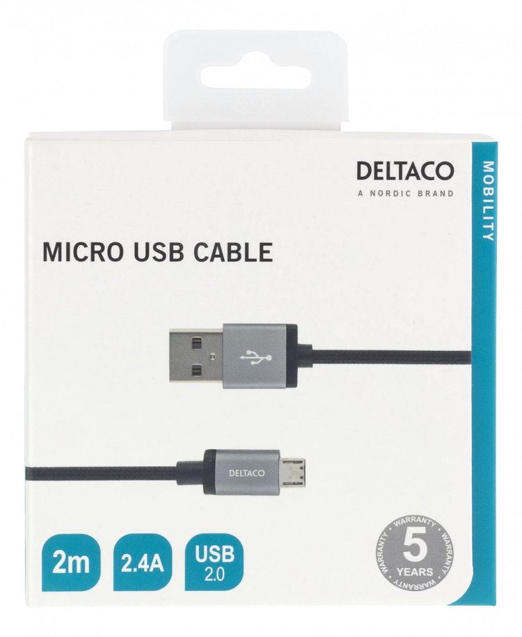 DELTACO USB-kabel, tøykledd, type A ha - type Micro B, 2 m, svart