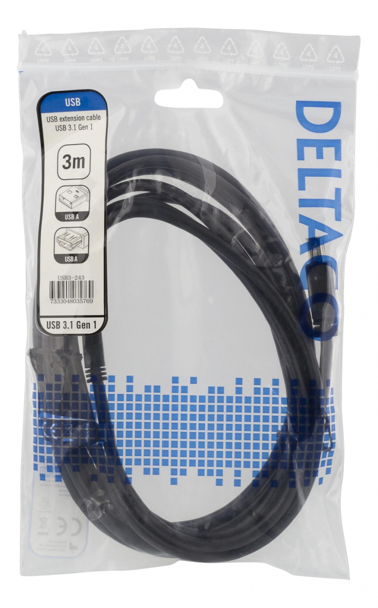 DELTACO USB 3.1 Gen1-forlengelseskabel, 3 m, USB-A hann til USB-A hunn, svart